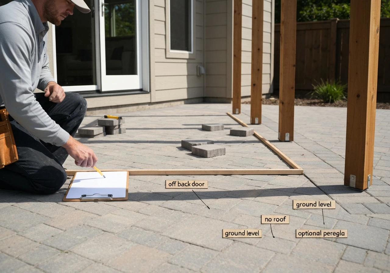 Contractor kneels by a back-door patio layout with pavers and optional pergola posts in natural light.