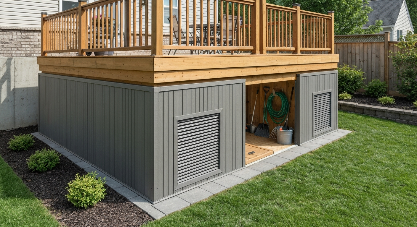Raised deck in a backyard with finished skirting panels; cutaway reveals screened vents, a hinged access panel, and stored items under the deck.