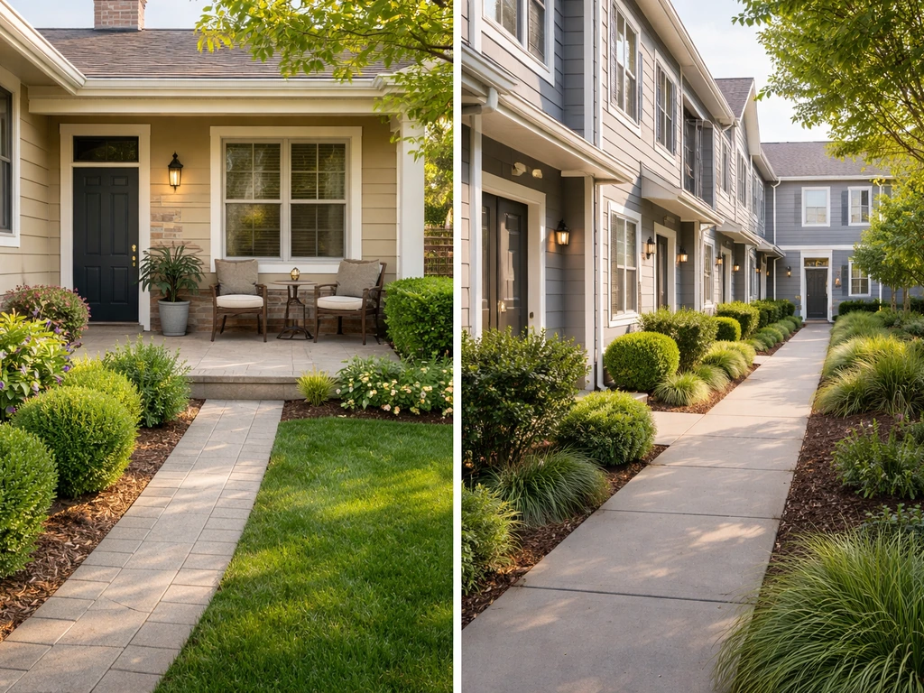 Split image: patio home with private patio vs condo complex entrance facade, no people or text.
