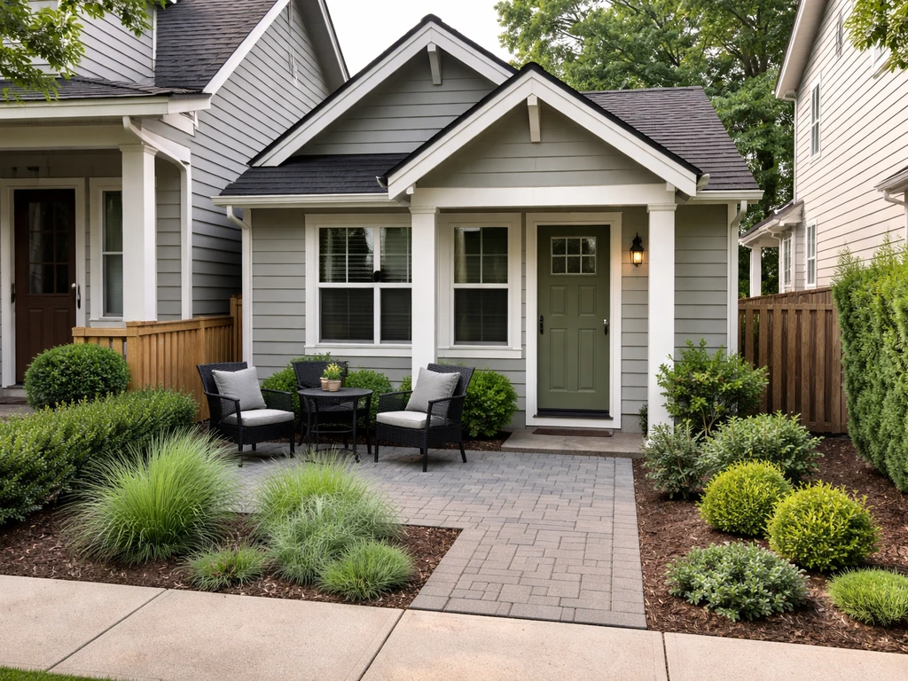 Small-lot patio home exterior with a private front patio and tidy, low-maintenance yard.