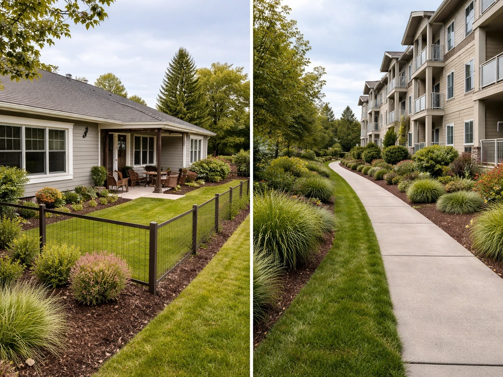 Split-view photo: patio home with defined yard boundary on the left and condo common walkway on the right.