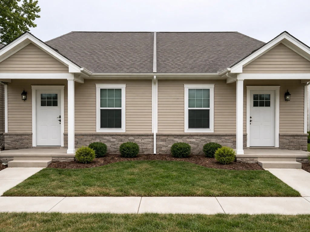 Two attached patio homes with a shared wall and separate front porches, captured in natural light.