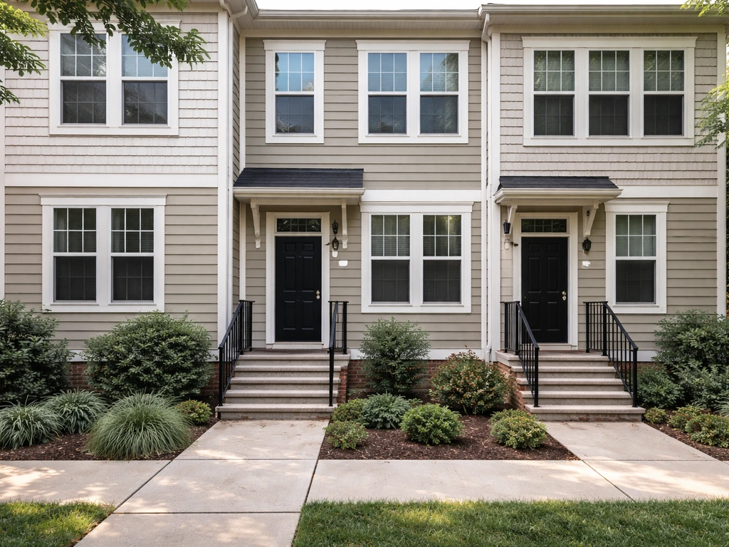 Low-rise townhouse-style condo row with shared entry steps and a small courtyard frontage