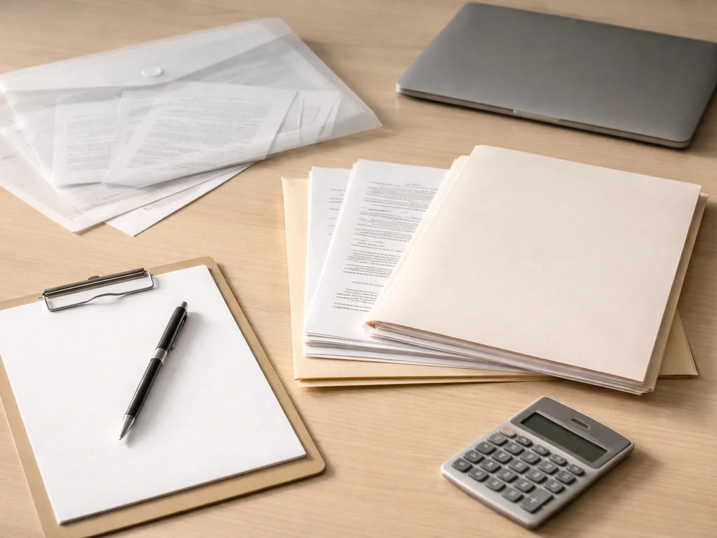 Minimal desk scene with stacked HOA-style documents, a pen, calculator, and laptop for budget review.