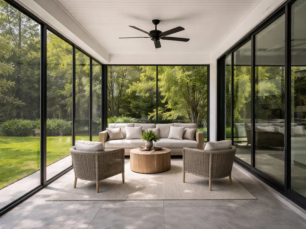 Single-family home exterior with a clearly enclosed patio featuring a roof and surrounding glass enclosure.
