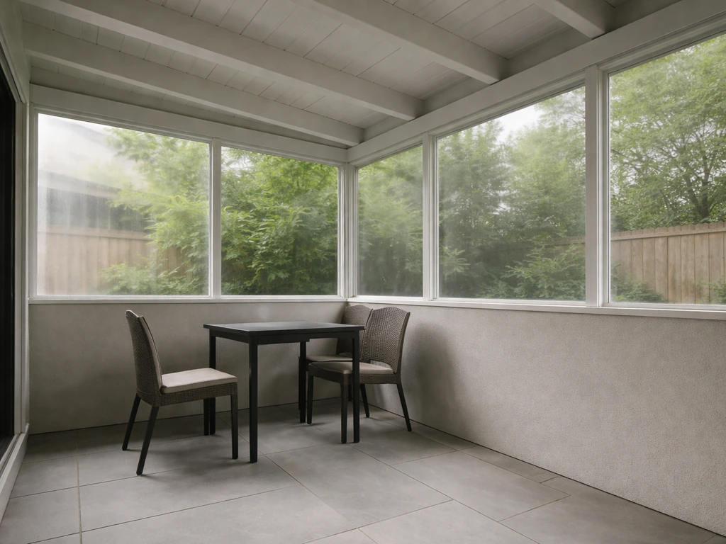 Residential enclosed patio with overhead cover and side enclosures, showing partial shelter without people.