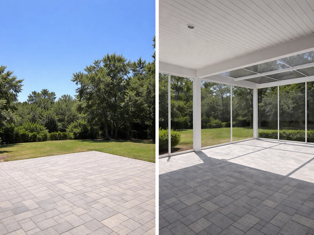 Split view showing an open patio exposed to elements versus an enclosed patio with a roof and screen walls.