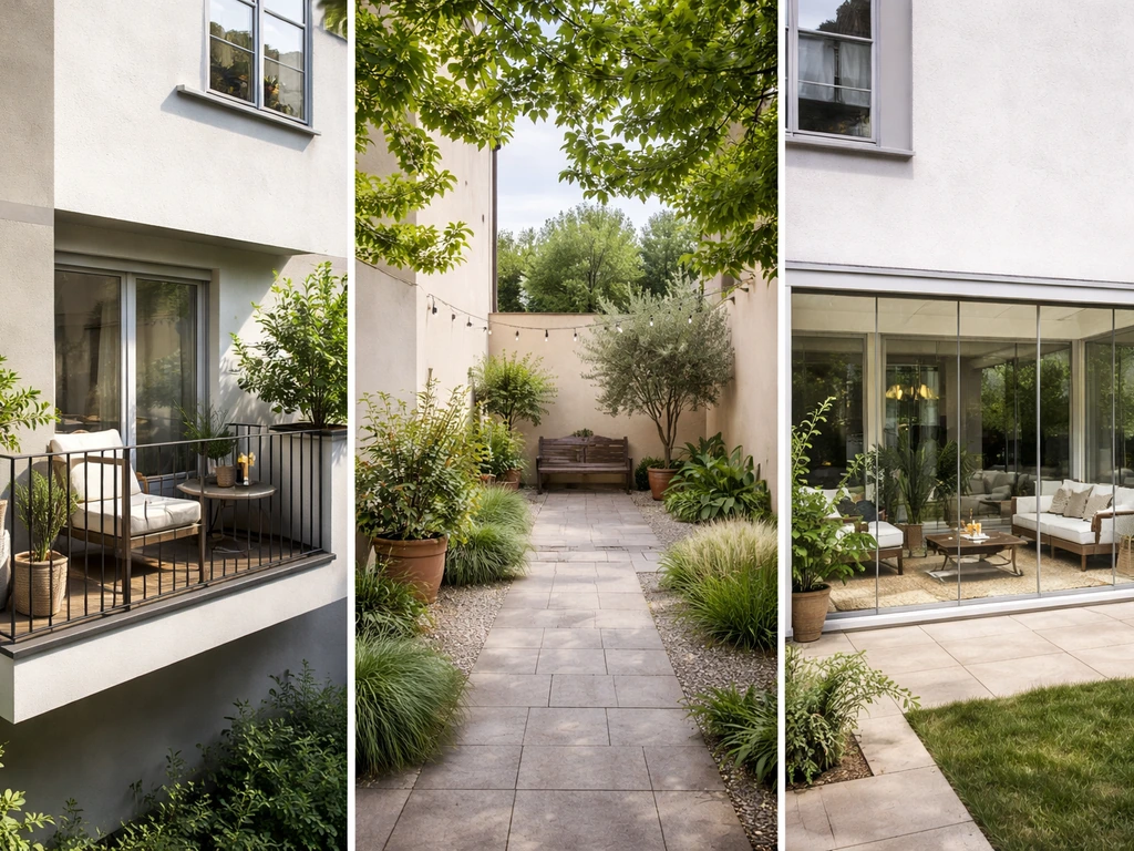 Side-by-side view of a balcony, a ground-level courtyard, and an enclosed patio with distinct architecture.