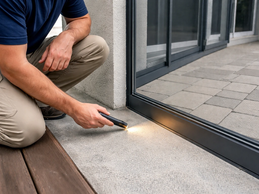 Anonymous inspector kneels by an enclosed patio, checking flooring and screen/glass enclosure materials.