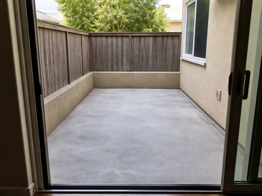 Ground-floor apartment patio with fence enclosure and direct access from a sliding door on a paved surface.