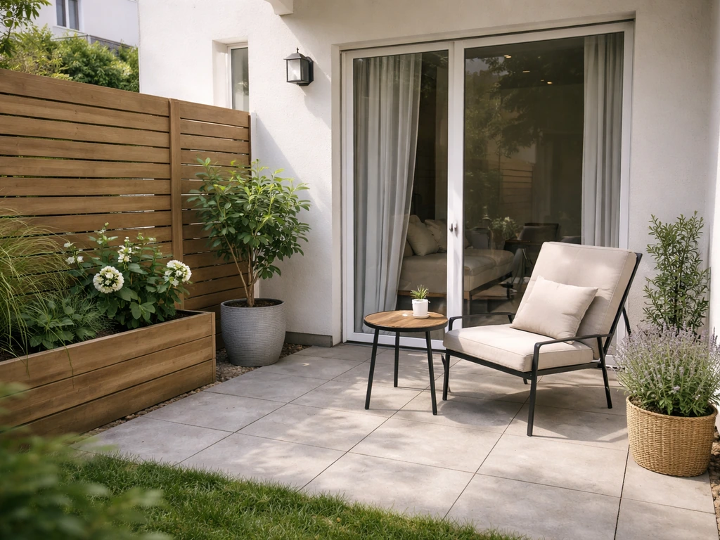 Ground-level paved patio off an apartment with a sliding glass door and a small fence for privacy.