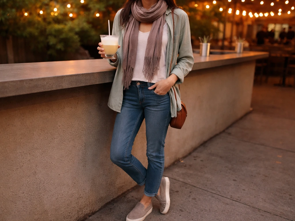 Adult holding a drink on a softly lit patio bar, wearing layered daytime-to-evening outfit under string lights.