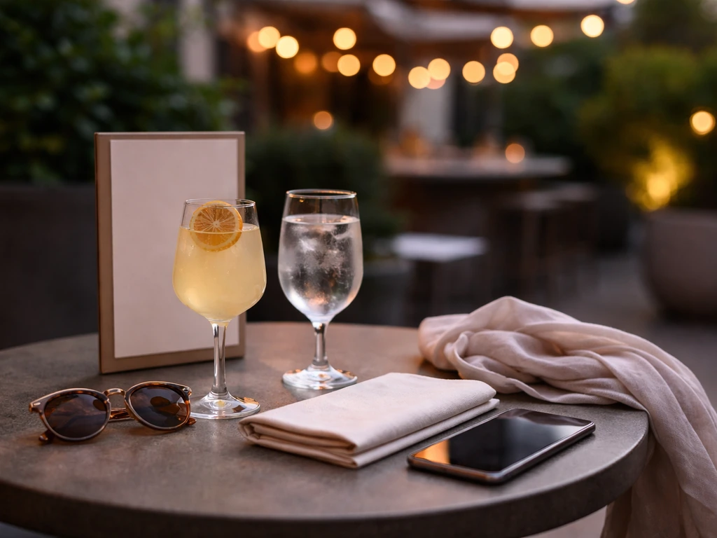Minimal patio bar table at dusk with drinks, linen napkin, and sunglasses for a dress-code vibe check.