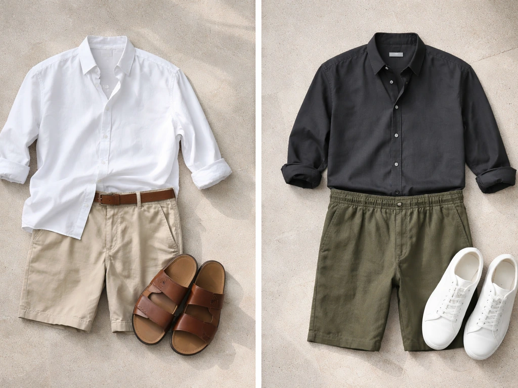 Two men’s outfit sets laid out side-by-side: daytime casual with sandals, and evening smart-casual with sneakers.