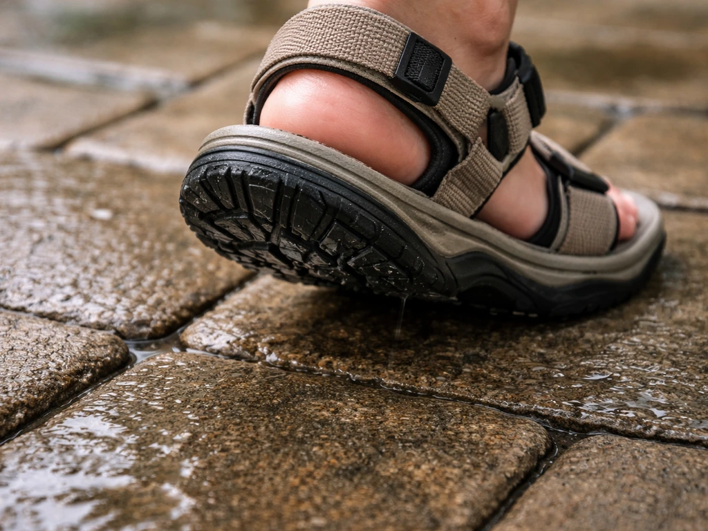 Close-up of strap sandals on damp patio pavers showing grippy outsole traction and safe footing.