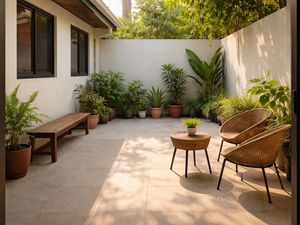Ground-level Philippine back-of-house patyo with tiled floor, potted plants, open to the sky