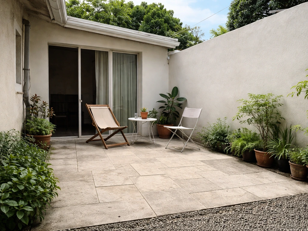 Open-to-the-sky paved patio beside a simple home entrance, showing a ground-level courtyard cue