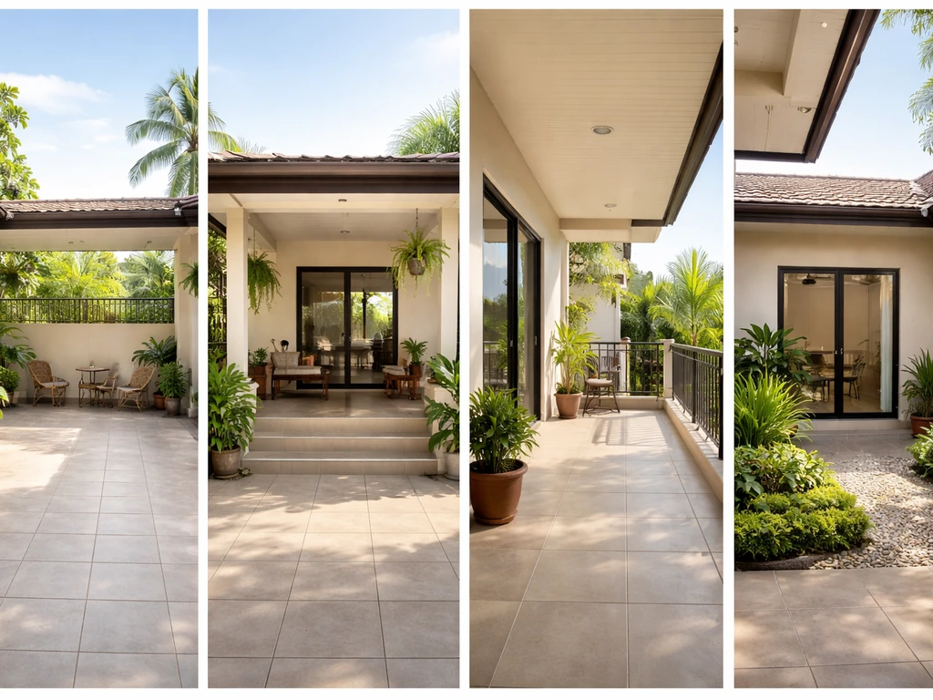 Four distinct Filipino home outdoor spaces: open ground-level patio, roofed porch, elevated balcony, and inner courtyard